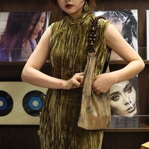 Green Velvet Qipao Dress with Slit on the Side